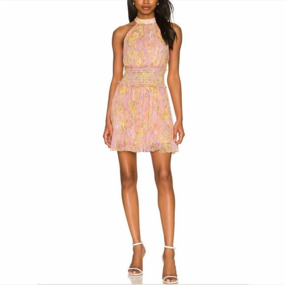 Rococo Sand Pink and Orange Halter Pleated Mini Dress